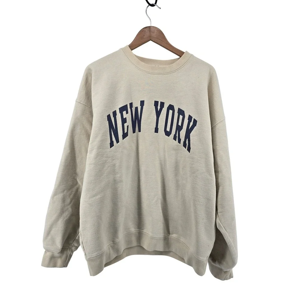 John Galt Sweatshirt Womens One Size Beige New York Graphic Oversized Crewneck